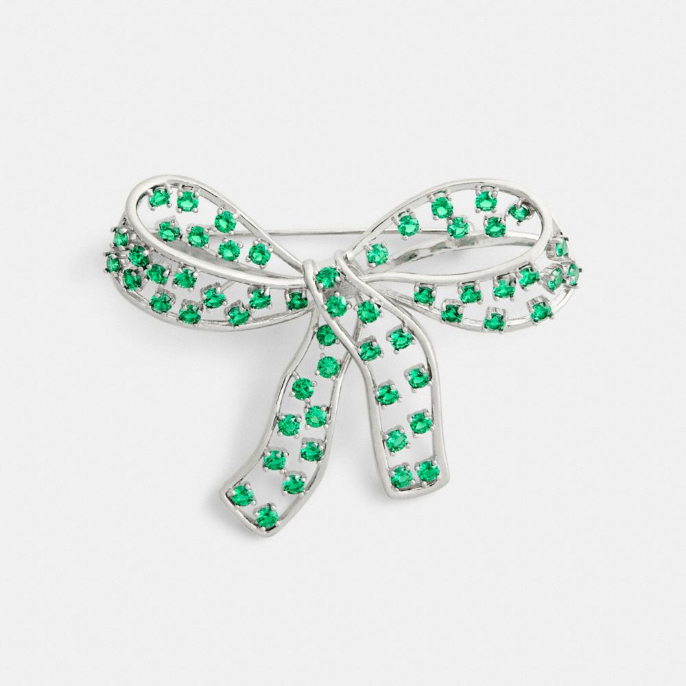 COACH®,Crystal Bow Brooch,Brooch,Crystal,Cubic Zirconia,Gem Embellishment,Bow,Cocktail,Green,Front View