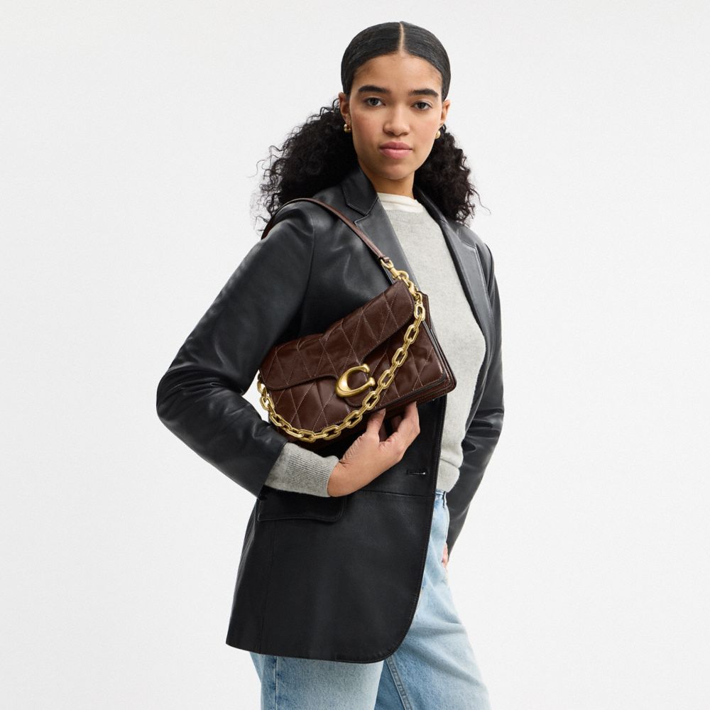 COACH®,Chain Tabby Shoulder Bag With Quilting,Leather,Shoulder Bag,Metal,Logo,Chain Detail,Adjustable,Compact,Brass,Day Party,Brown,Detail View
