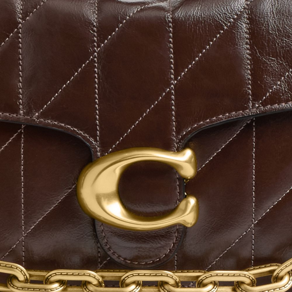 COACH®,Chain Tabby Shoulder Bag With Quilting,Leather,Shoulder Bag,Metal,Logo,Chain Detail,Adjustable,Compact,Brass,Day Party,Brown,Closer View