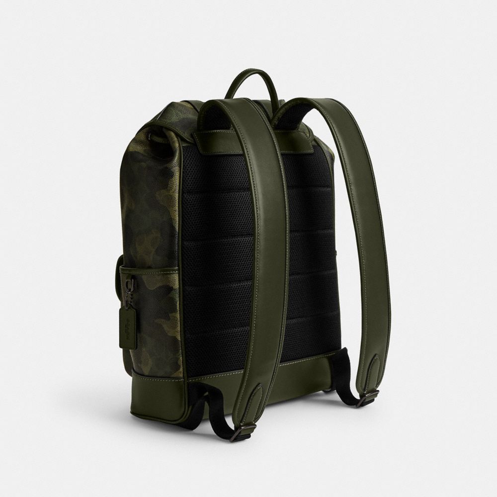 COACH®,League Flap Backpack In Signature Camo Print,,Angle View