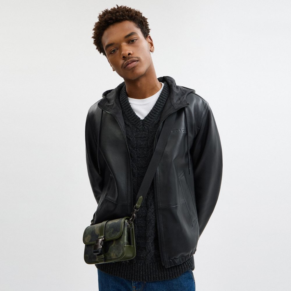 COACH®,League Crossbody Bag 19 In Signature Camo Print,Leather,Canvas,Messenger Bag,Logo,Embossed,Casual,Green,Detail View
