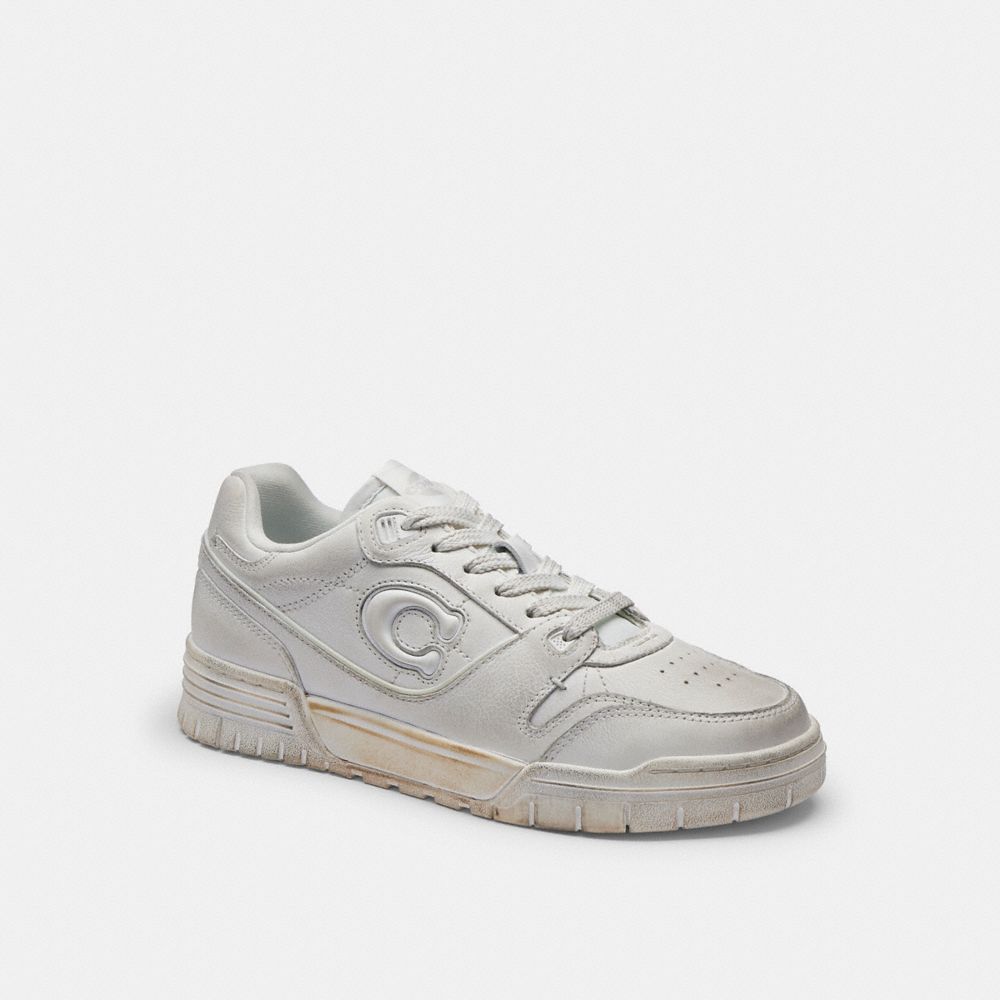 COACH®,Soho Sneaker In Distressed Leather,Rubber,Casual,Resin,Logo,Perforated,Sustainable,Casual,Gray,Front View