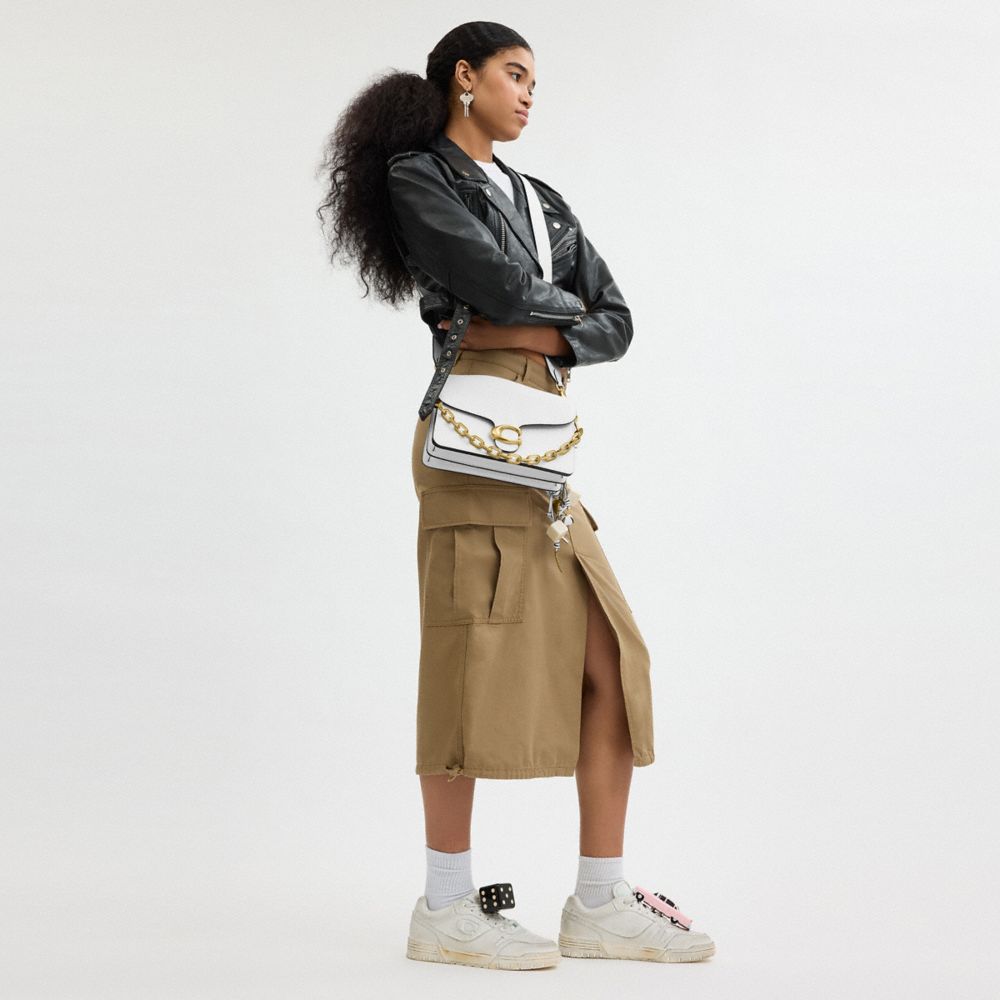 COACH®,Runway Chain Tabby Shoulder Bag,Leather,Shoulder Bag,Logo,Adjustable,Silver Metal,Day Party,White,Detail View