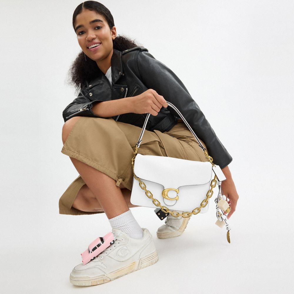 COACH®,Runway Chain Tabby Shoulder Bag,Leather,Shoulder Bag,Logo,Adjustable,Silver Metal,Day Party,White,Detail View