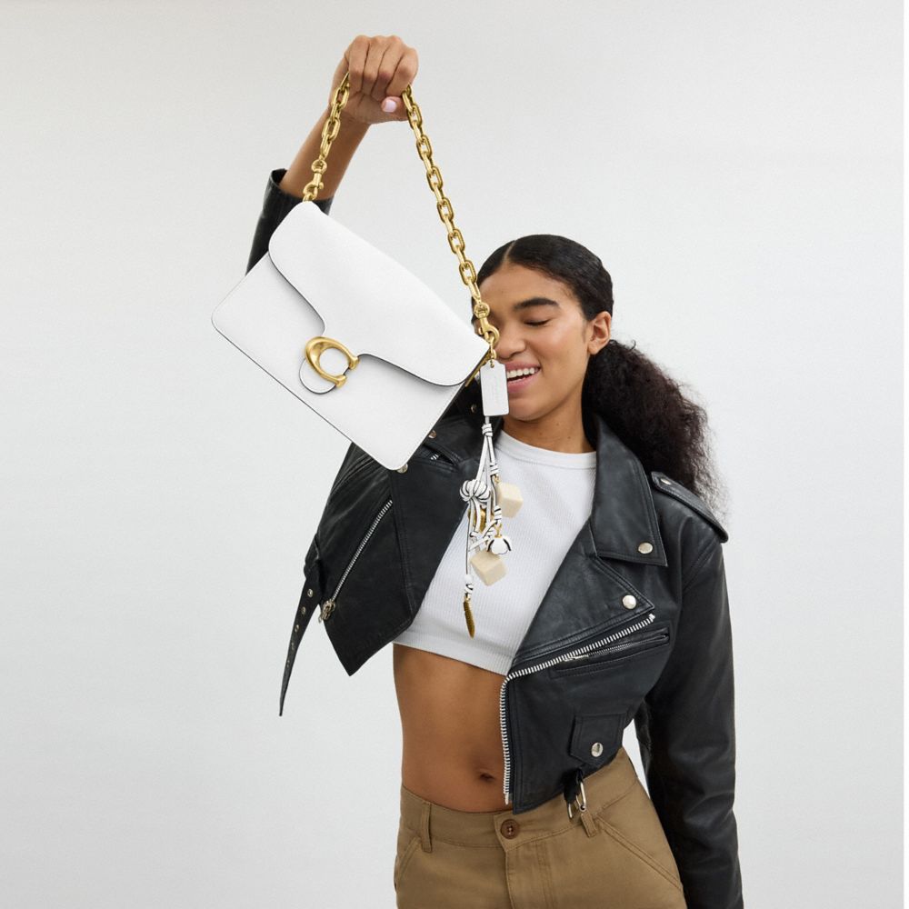 COACH®,Runway Chain Tabby Shoulder Bag,Leather,Shoulder Bag,Logo,Adjustable,Silver Metal,Day Party,White,Detail View