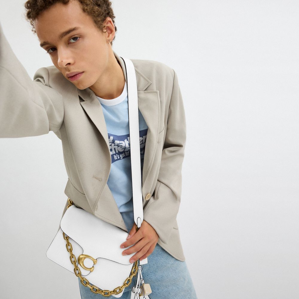 COACH®,Runway Chain Tabby Shoulder Bag,Leather,Shoulder Bag,Logo,Adjustable,Silver Metal,Day Party,White,Angle View