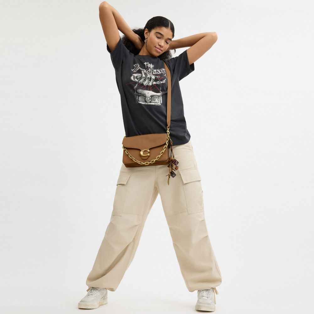 COACH®,Runway Chain Tabby Shoulder Bag,Leather,Shoulder Bag,Logo,Adjustable,Silver Metal,Day Party,Brown,Detail View
