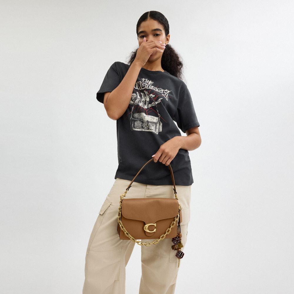 COACH®,Runway Chain Tabby Shoulder Bag,Leather,Shoulder Bag,Logo,Adjustable,Silver Metal,Day Party,Brown,Detail View