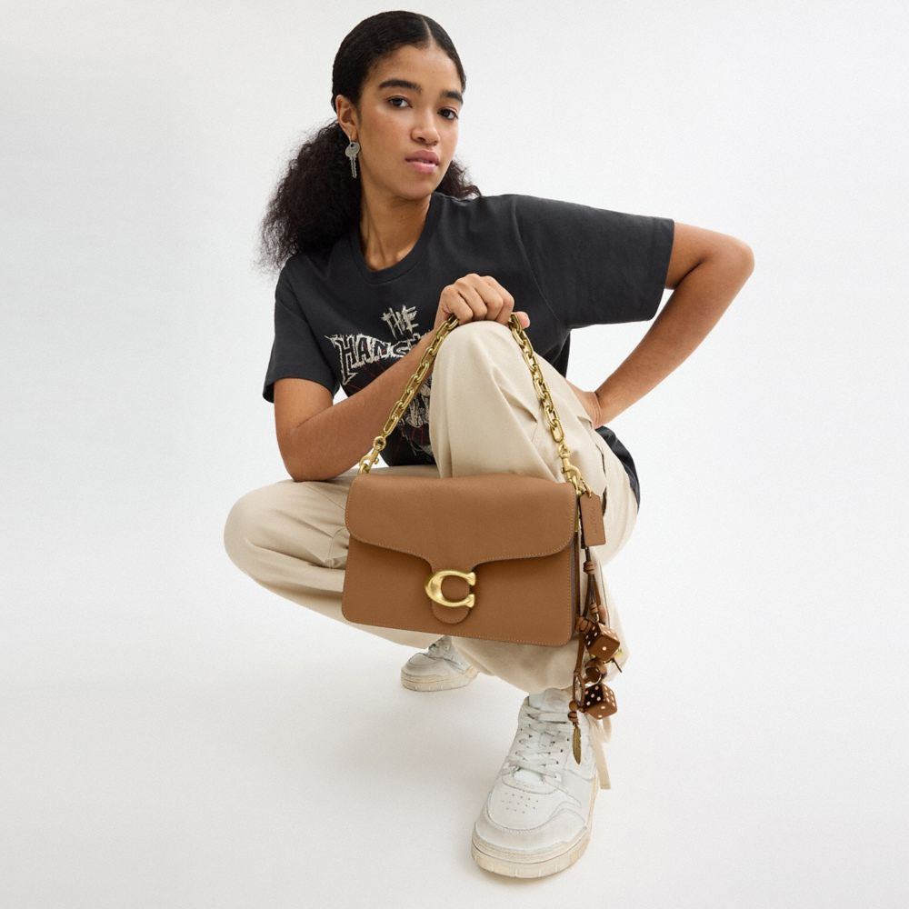 COACH®,Runway Chain Tabby Shoulder Bag,Leather,Shoulder Bag,Logo,Adjustable,Silver Metal,Day Party,Brown,Detail View