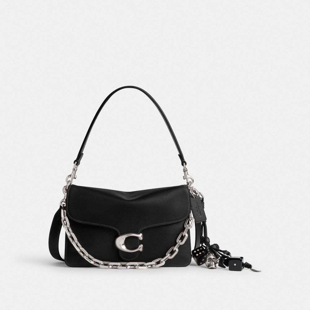 COACH®,Runway Chain Tabby Shoulder Bag,Leather,Shoulder Bag,Logo,Adjustable,Silver Metal,Day Party,Black,Front View image number 0