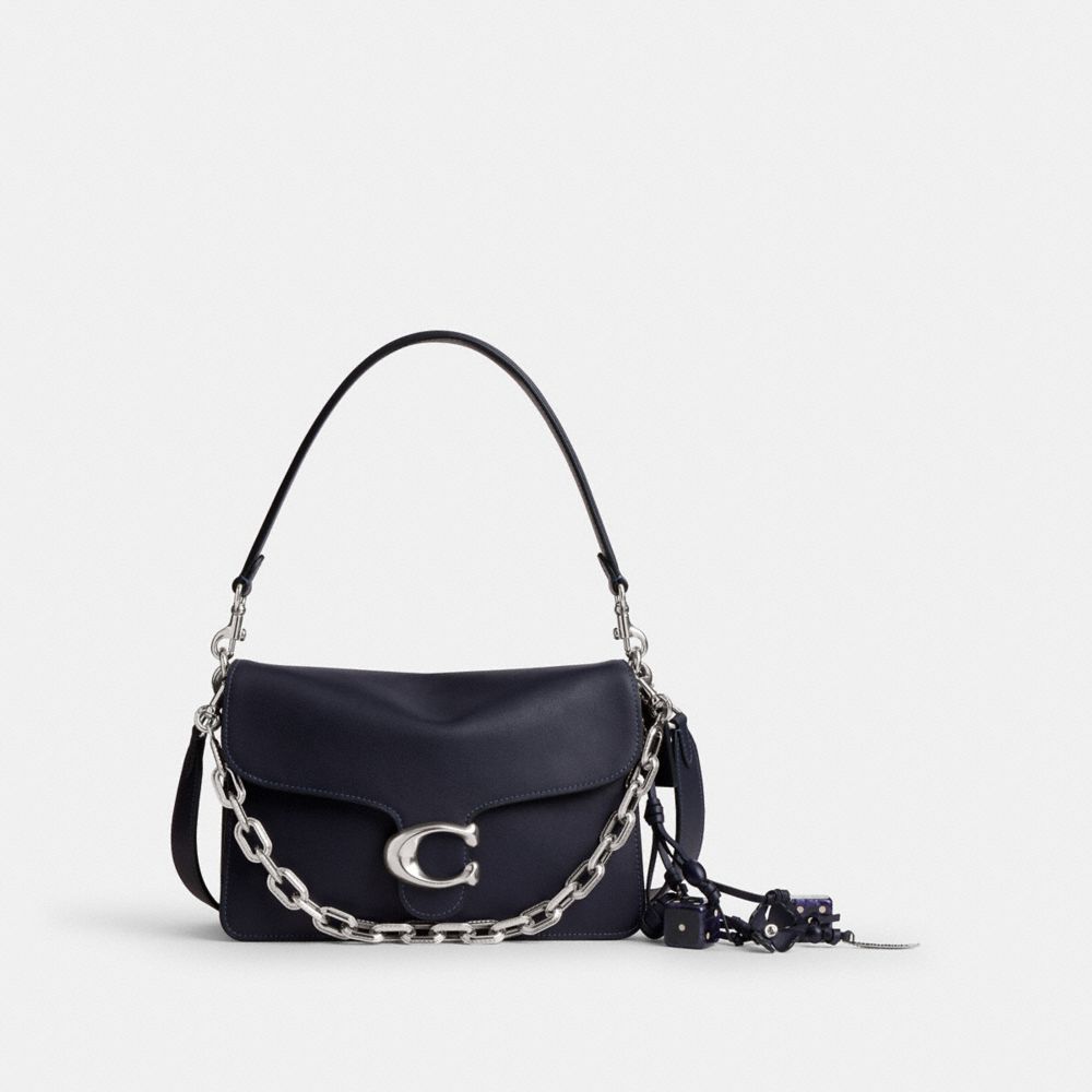 COACH®,Runway Chain Tabby Shoulder Bag,Leather,Shoulder Bag,Logo,Adjustable,Silver Metal,Day Party,Black,Front View image number 0