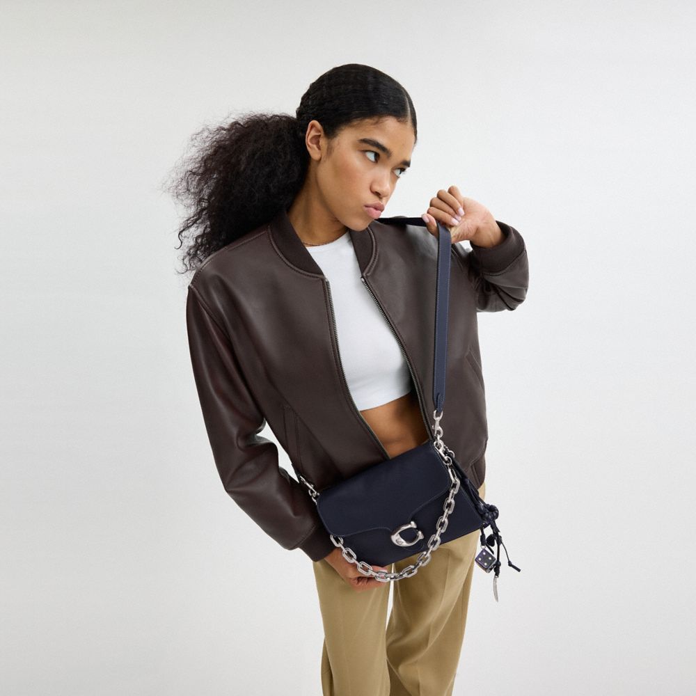 COACH®,Runway Chain Tabby Shoulder Bag,Leather,Shoulder Bag,Logo,Adjustable,Silver Metal,Day Party,Black,Detail View