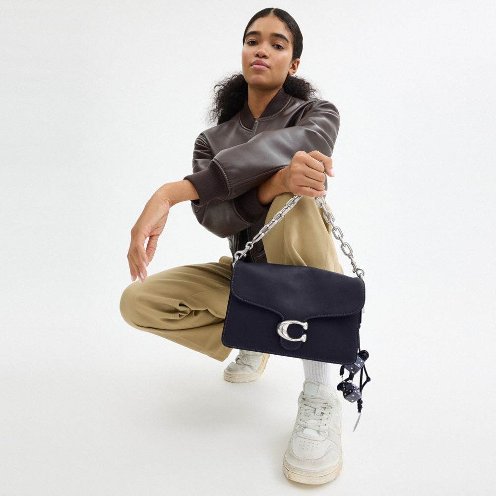 COACH®,Runway Chain Tabby Shoulder Bag,Leather,Shoulder Bag,Logo,Adjustable,Silver Metal,Day Party,Black,Detail View