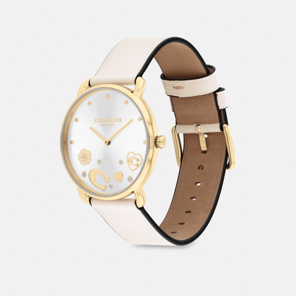 COACH®,Elliot Watch, 36 Mm,Analog,Mineral,Leather,Crystal,Floral Embellishment,Gem Embellishment,Piping,Logo,Word Embellis...,Cream,Angle View