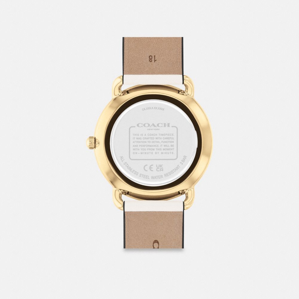 COACH®,Elliot Watch, 36 Mm,Analog,Mineral,Leather,Crystal,Floral Embellishment,Gem Embellishment,Piping,Logo,Word Embellis...,Cream,Back View