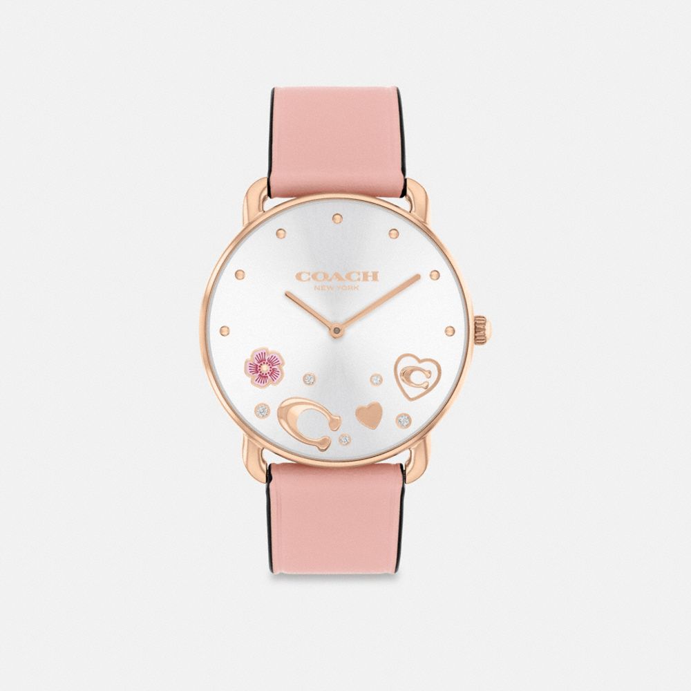 COACH®,Elliot Watch, 36 Mm,Analog,Mineral,Crystal,Leather,Logo,Gem Embellishment,Floral Embellishment,Piping,Word Embellis...,Pink,Front View