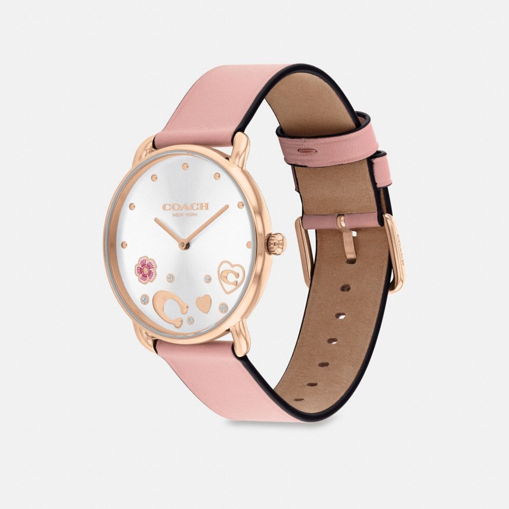 COACH®,Elliot Watch, 36 Mm,Analog,Mineral,Crystal,Leather,Logo,Gem Embellishment,Floral Embellishment,Piping,Word Embellis...,Pink,Angle View