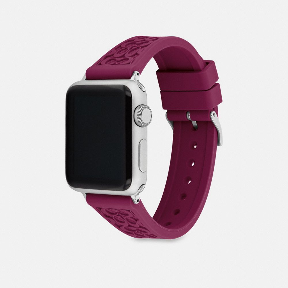 COACH®,Apple Watch® Strap, 38 Mm, 40 Mm And 41 Mm,Digital,Rubber,Silicone,Engraved Detail,Textured,Stainless Steel,Silver ...,Purple,Angle View