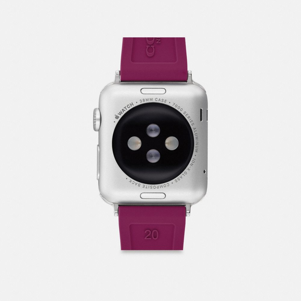 COACH®,Apple Watch® Strap, 38 Mm, 40 Mm And 41 Mm,Digital,Rubber,Silicone,Engraved Detail,Textured,Stainless Steel,Silver ...,Purple,Back View