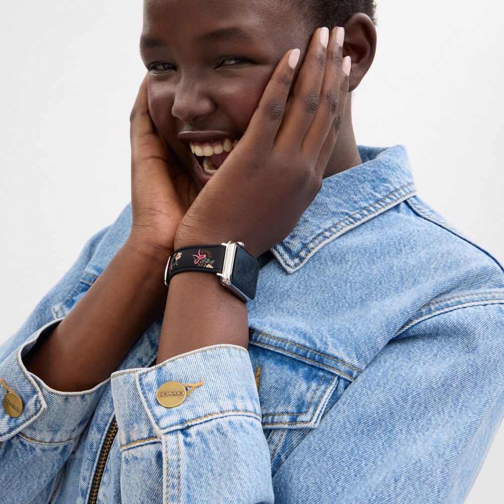COACH®,Apple Watch® Strap, 38 Mm, 40 Mm And 41 Mm,Digital,Rubber,Silicone,Graphic,Logo,Word Embellishment,Silver Metal,Sta...,Black,Detail View