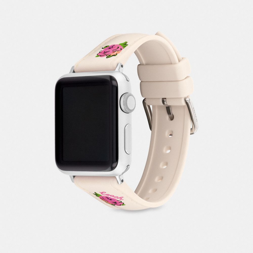 COACH®,Apple Watch® Strap, 38 Mm, 40 Mm And 41 Mm,Digital,Rubber,Silicone,Graphic,Logo,Word Embellishment,Silver Metal,Sta...,Cream,Angle View