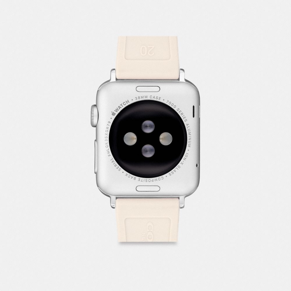 COACH®,Apple Watch® Strap, 38 Mm, 40 Mm And 41 Mm,Digital,Rubber,Silicone,Graphic,Logo,Word Embellishment,Silver Metal,Sta...,Cream,Back View