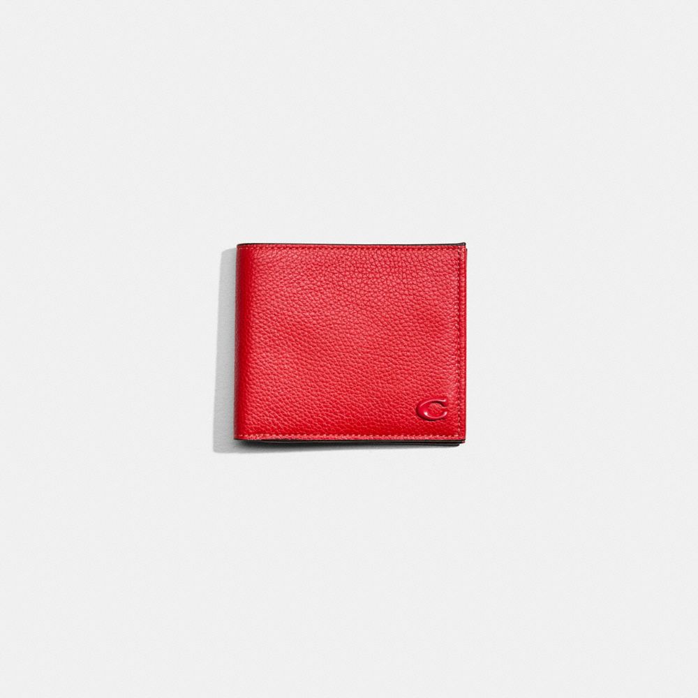 COACH®,Restored Double Billfold Wallet,Leather,Bi Fold,Logo,Metal,Casual,Red,Front View