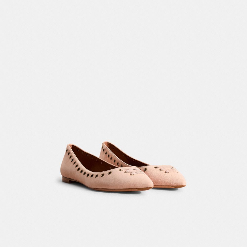COACH®,Restored Valerie Flat,Flats,Fabric,Lace Up,Studded,Casual,Pink,Angle View