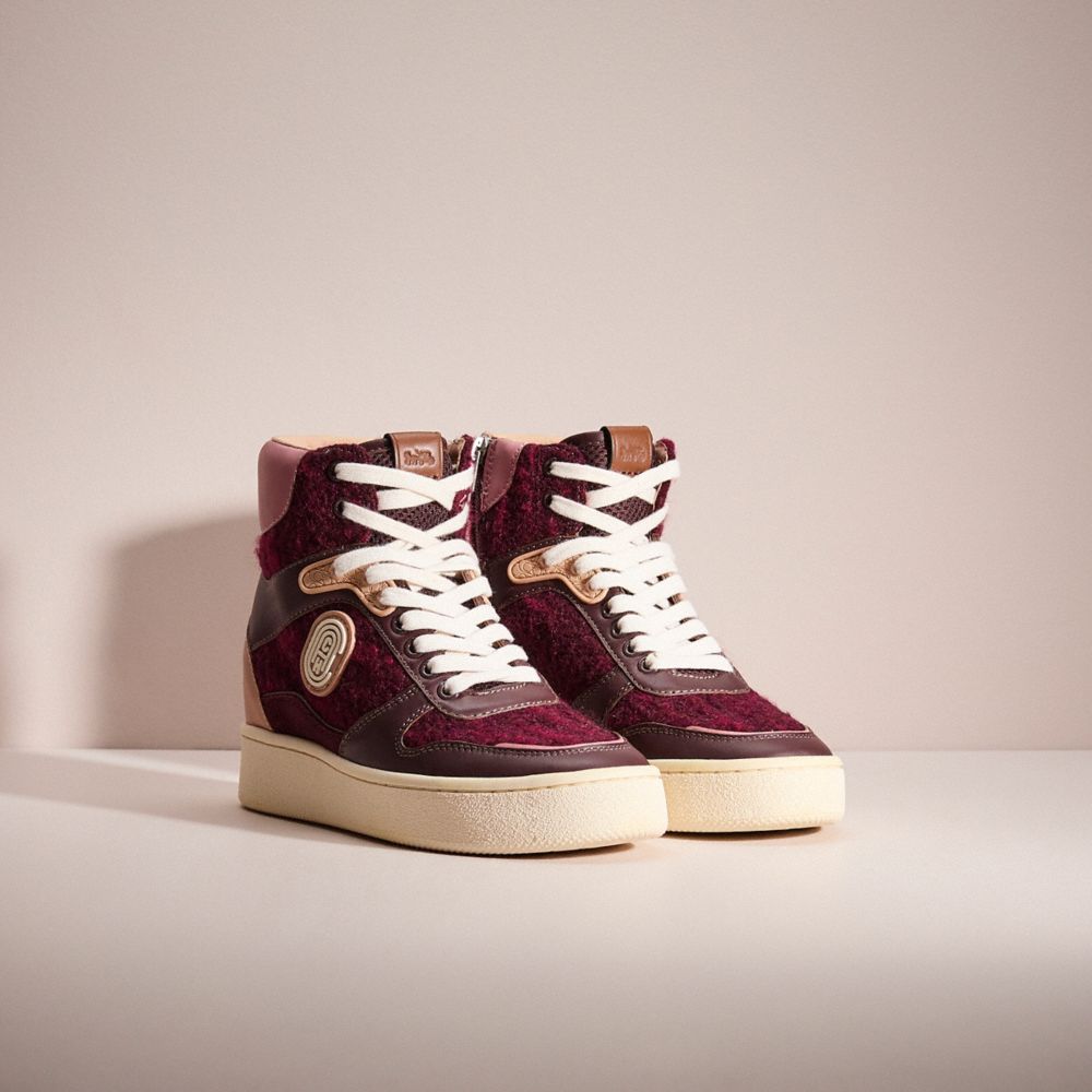 COACH®,Restored C220 High Top Sneaker,Rubber,Casual,High Top,Logo,Color Block,Sustainable,Casual,Maroon,Angle View