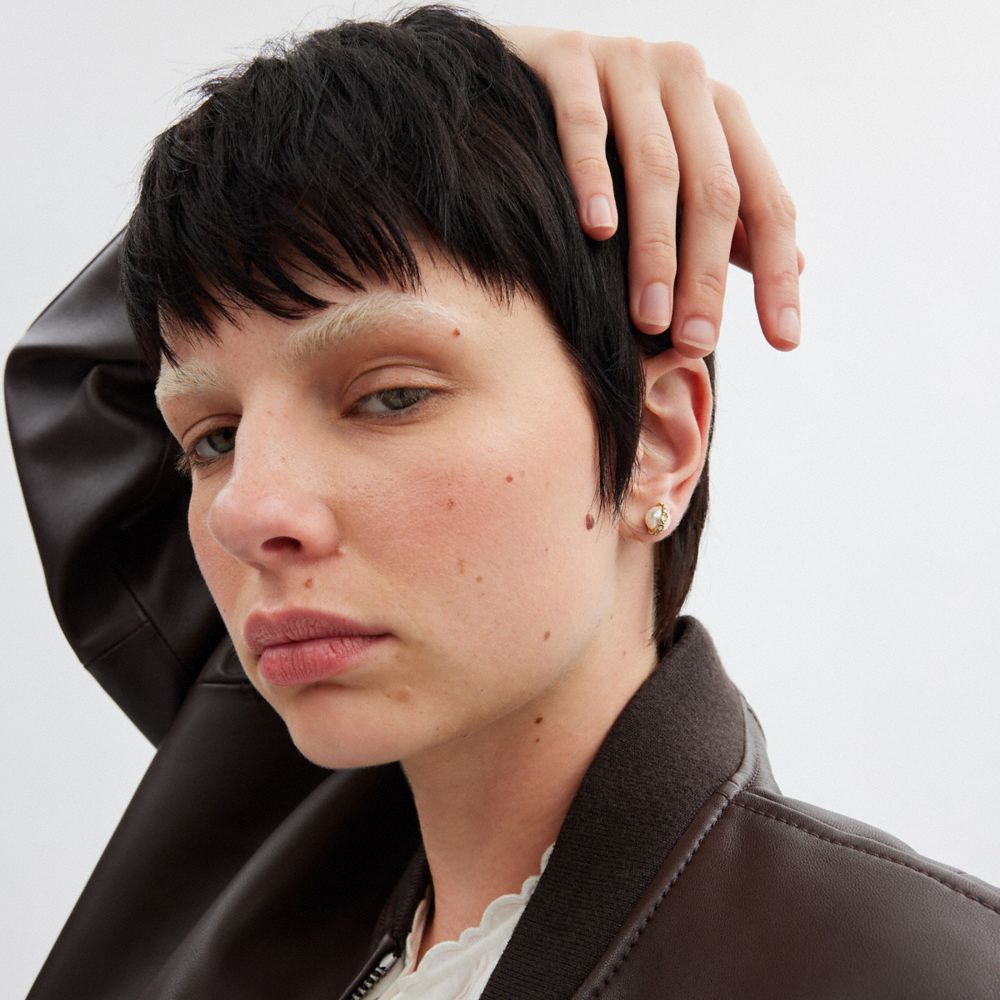 COACH®,Pearl Signature Stud Earrings,Studs,Pearl,Cubic Zirconia,Glass,Logo,Pearl,Casual,Multi Color,Detail View