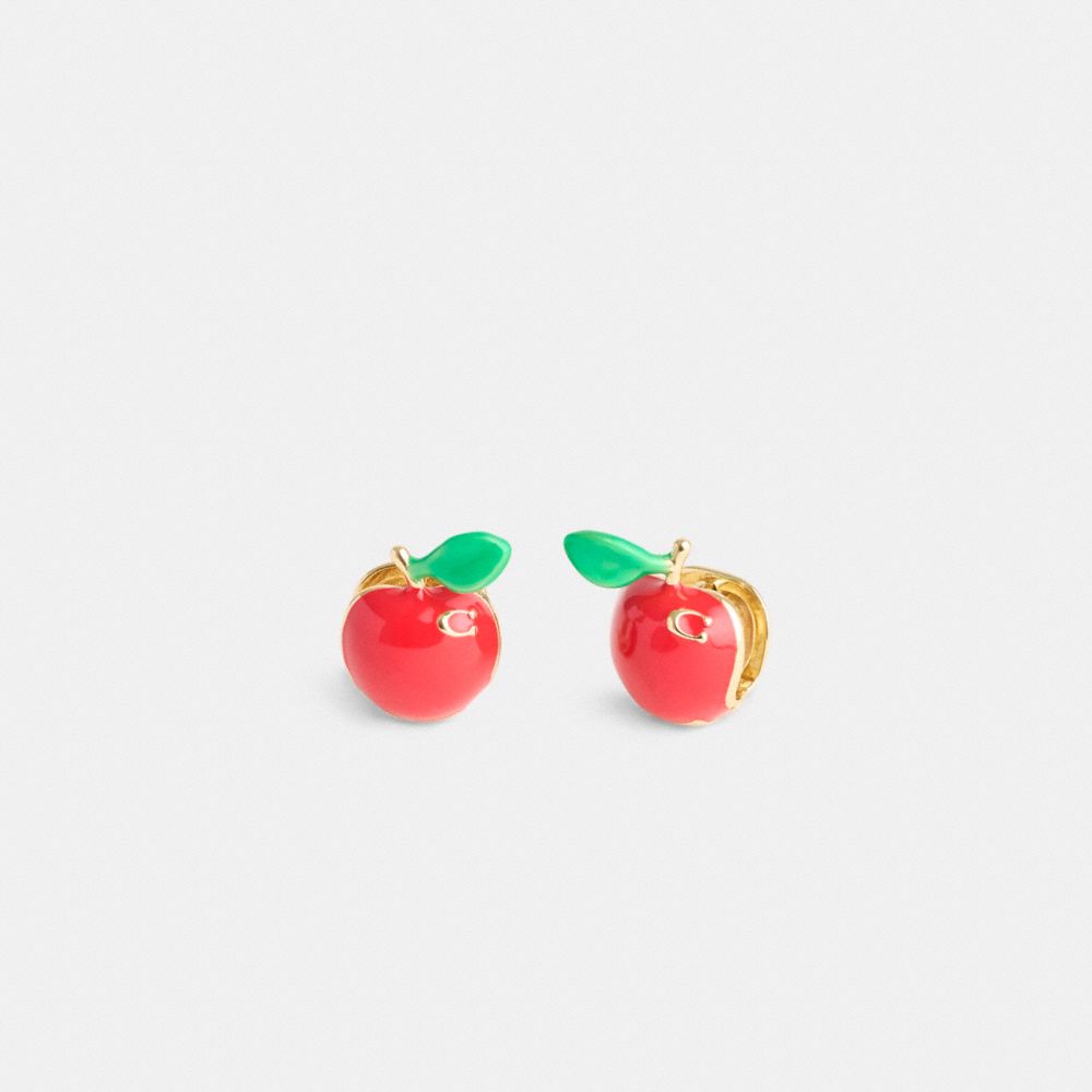 Shop Coach Apple Huggie Earrings In Gold/red