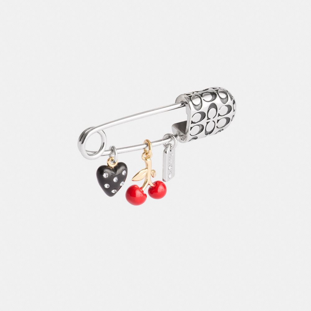 COACH®,Charm Safety Pin Brooch,Brooch,Cubic Zirconia,Glass,Enamel,Gem Embellishment,Heart Embellishment,Logo,Casual,Multi Color,Alternate View