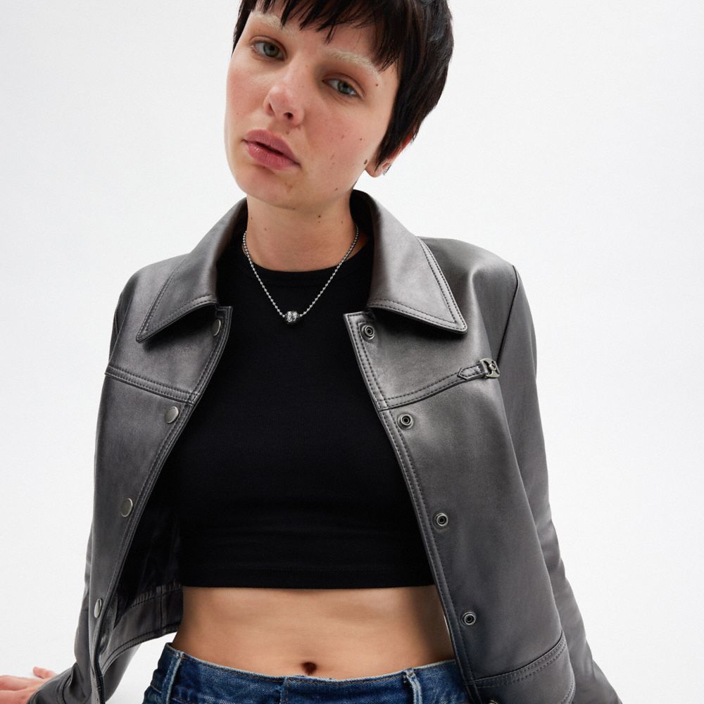 COACH®,Quilted Orb Ball Chain Pendant Necklace,Single Strand,Choker,Metal Material,Cubic Zirconia,Ball Embellishment,Logo,...,Black,Detail View