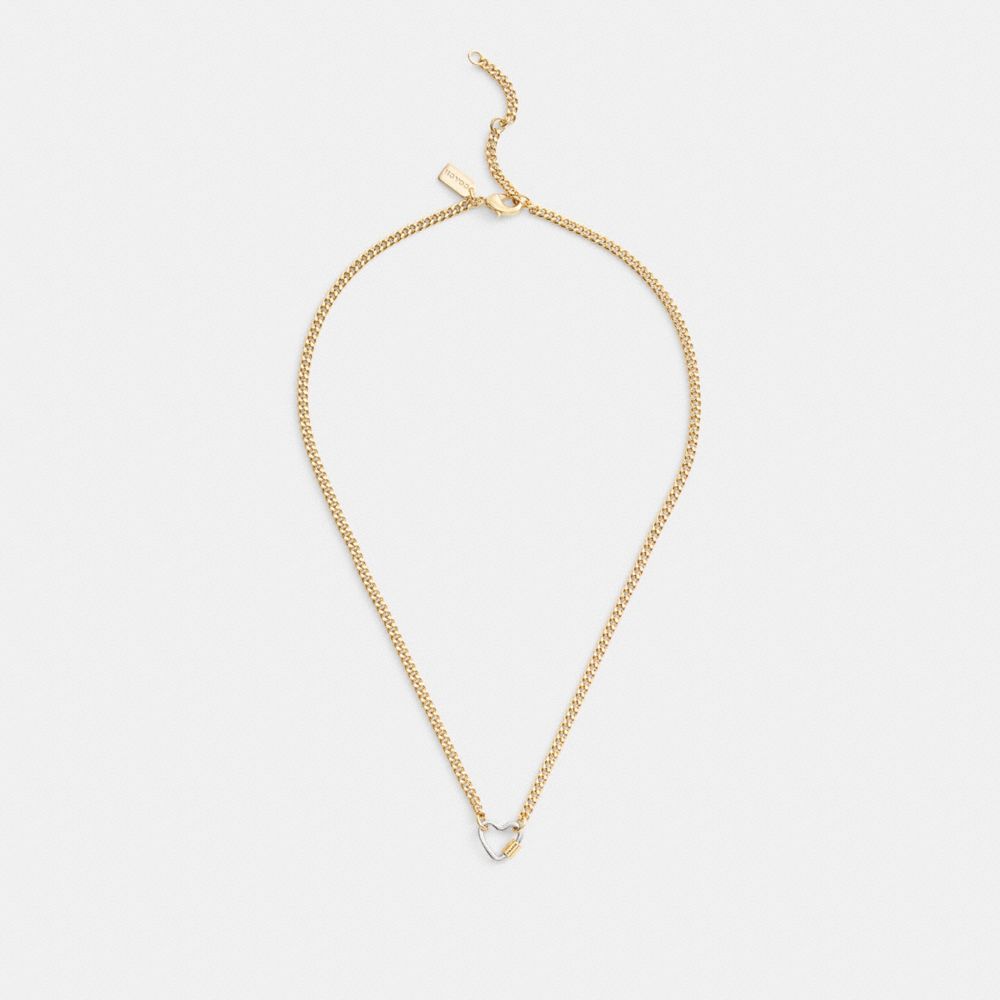 COACH®,Carabiner Heart Necklace,Single Strand,Metal Material,Cubic Zirconia,Logo,Casual,Black,Inside View,Top View