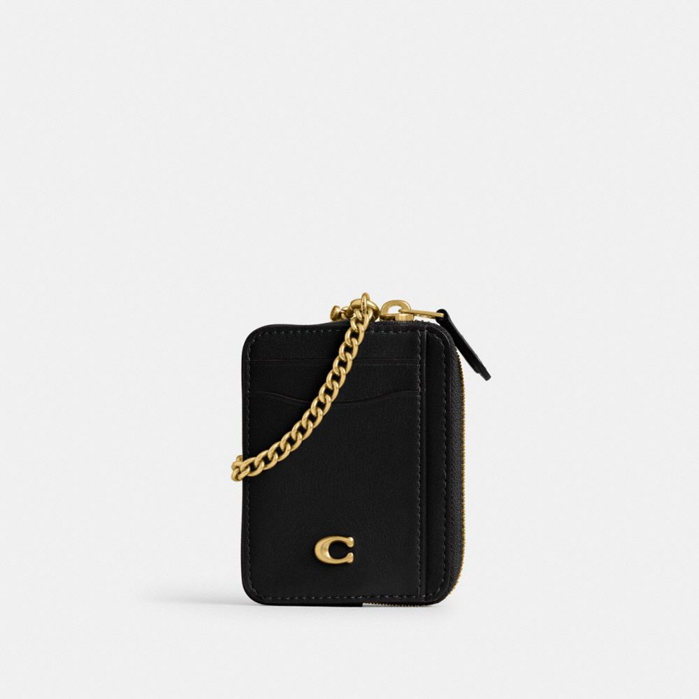 COACH®,PORTE-CARTES AVEC CHAÎNE ESSENTIEL,Laiton/Noir,Front View