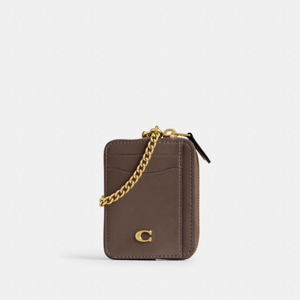 COACH®,Essential Chain Card Case,Calfskin Leather,Card Case,Metal,Logo,Key Ring,Casual,Brown,Front View