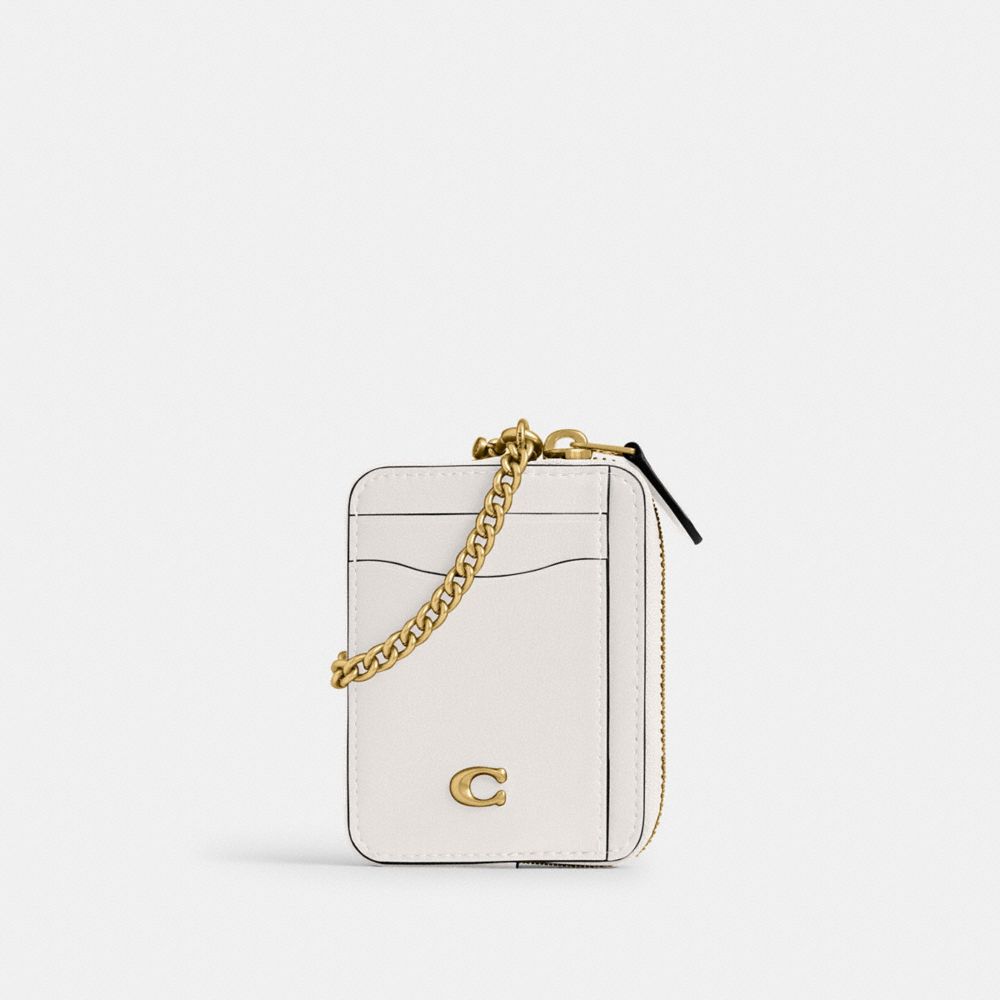 COACH®,Essential Chain Card Case,Calfskin Leather,Card Case,Metal,Logo,Key Ring,Casual,White,Front View