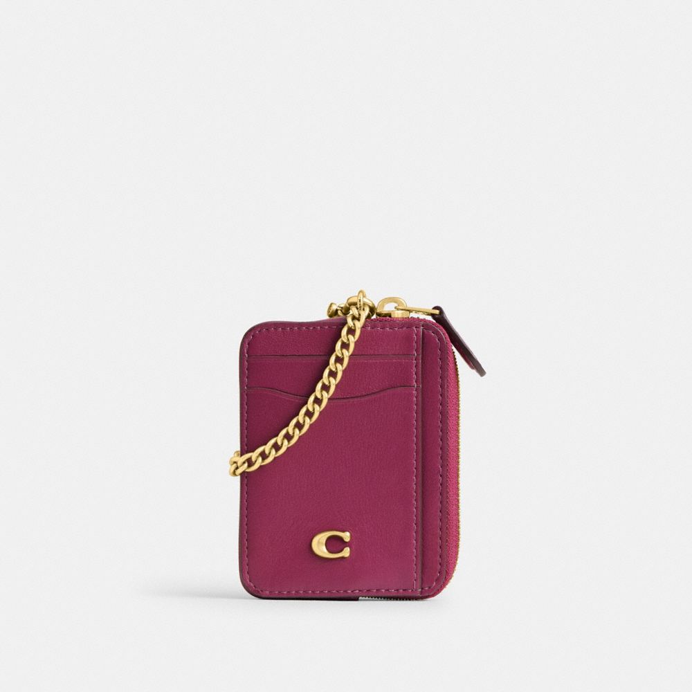 COACH®,Essential Chain Card Case,Calfskin Leather,Card Case,Metal,Logo,Key Ring,Casual,Maroon,Front View