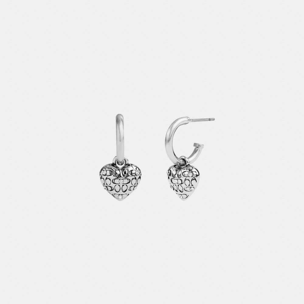 COACH®,Quilted Signature Heart Huggie Earrings,Huggies,Dangle Earring,Glass,Cubic Zirconia,Crystal,Gem Embellishment,Logo,...,Clear,Front View