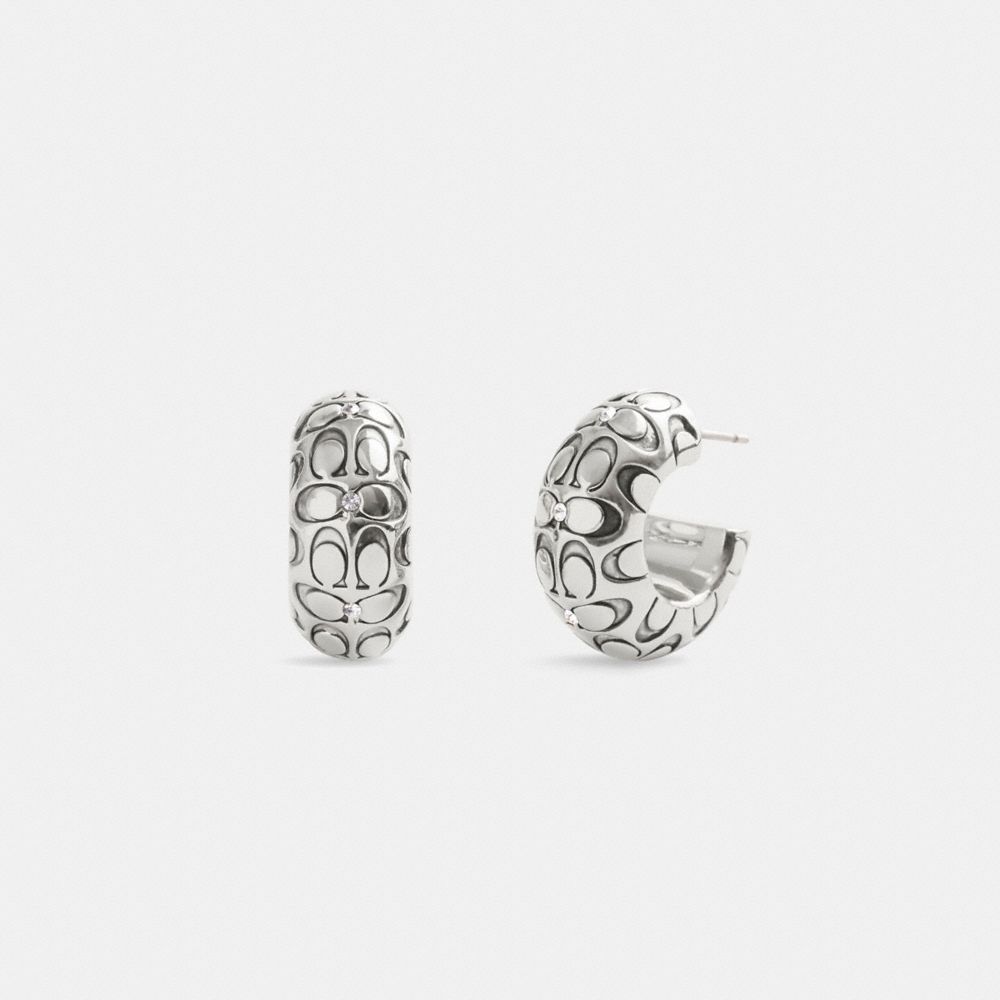 COACH®,Quilted Signature Chunky Hoop Earrings,Hoops,Cubic Zirconia,Logo,Gem Embellishment,Titanium,Day Party,Clear,Front View