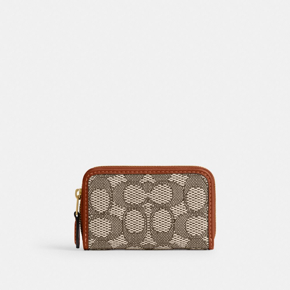 Coach Essential Small Zip Around Card Case In Signature Jacquard In Brass/cocoa Burnished Amber
