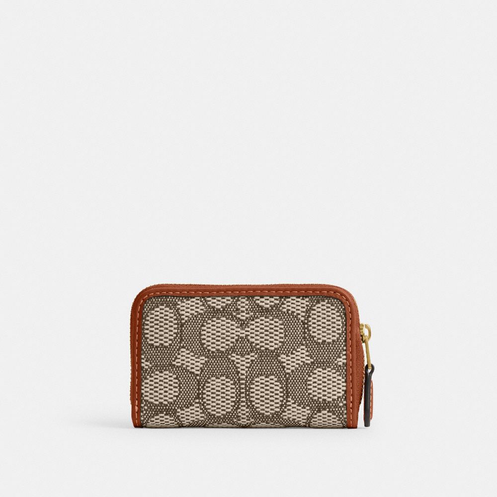 Coach Essential Small Zip Around Card Case In Signature Jacquard In Brass/cocoa Burnished Amber