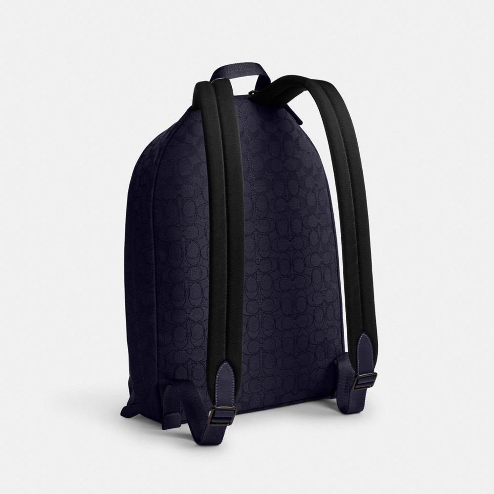 COACH®,Hall Backpack In Signature Jacquard,Cotton,Backpack,Adjustable,Casual,Navy,Angle View