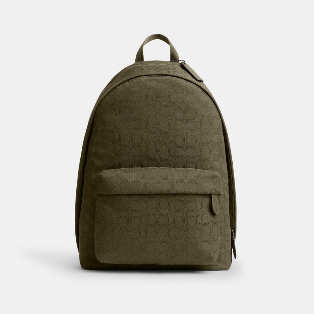 COACH®,Hall Backpack In Signature Jacquard,Cotton,Backpack,Adjustable,Casual,Olive,Front View image number 0