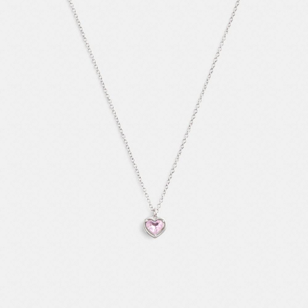 COACH®,Halo Heart Pendant Necklace,Single Strand,Glass,Cubic Zirconia,Gem Embellishment,Casual,Pink,Front View