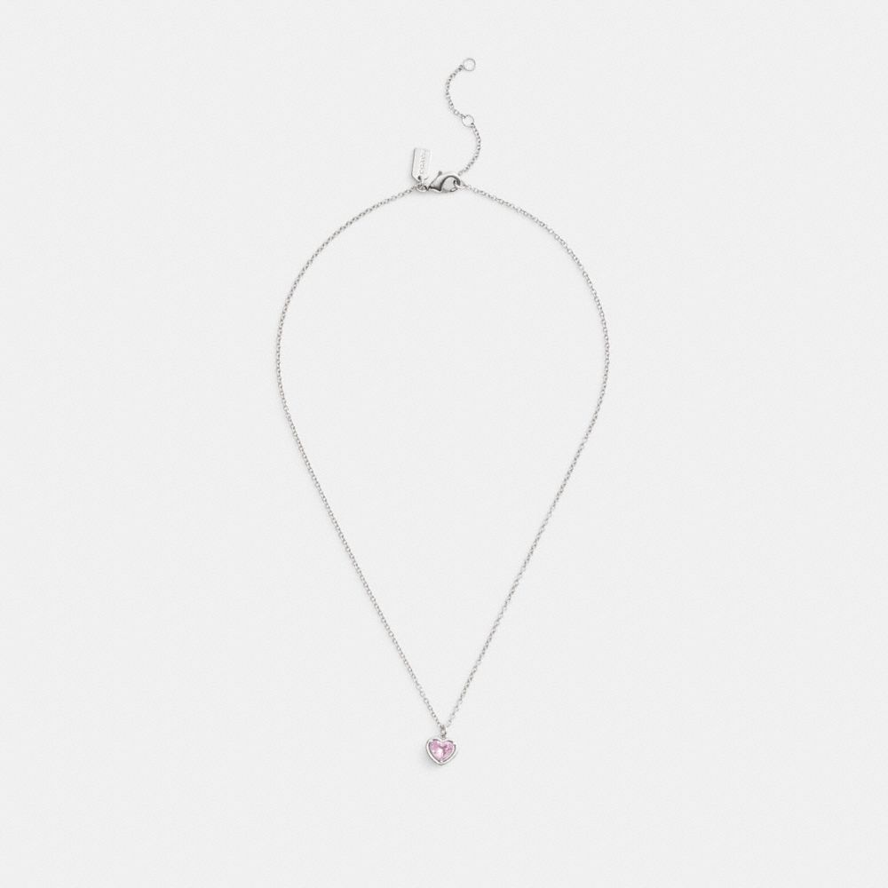 COACH®,Halo Heart Pendant Necklace,Single Strand,Glass,Cubic Zirconia,Gem Embellishment,Casual,Pink,Inside View,Top View