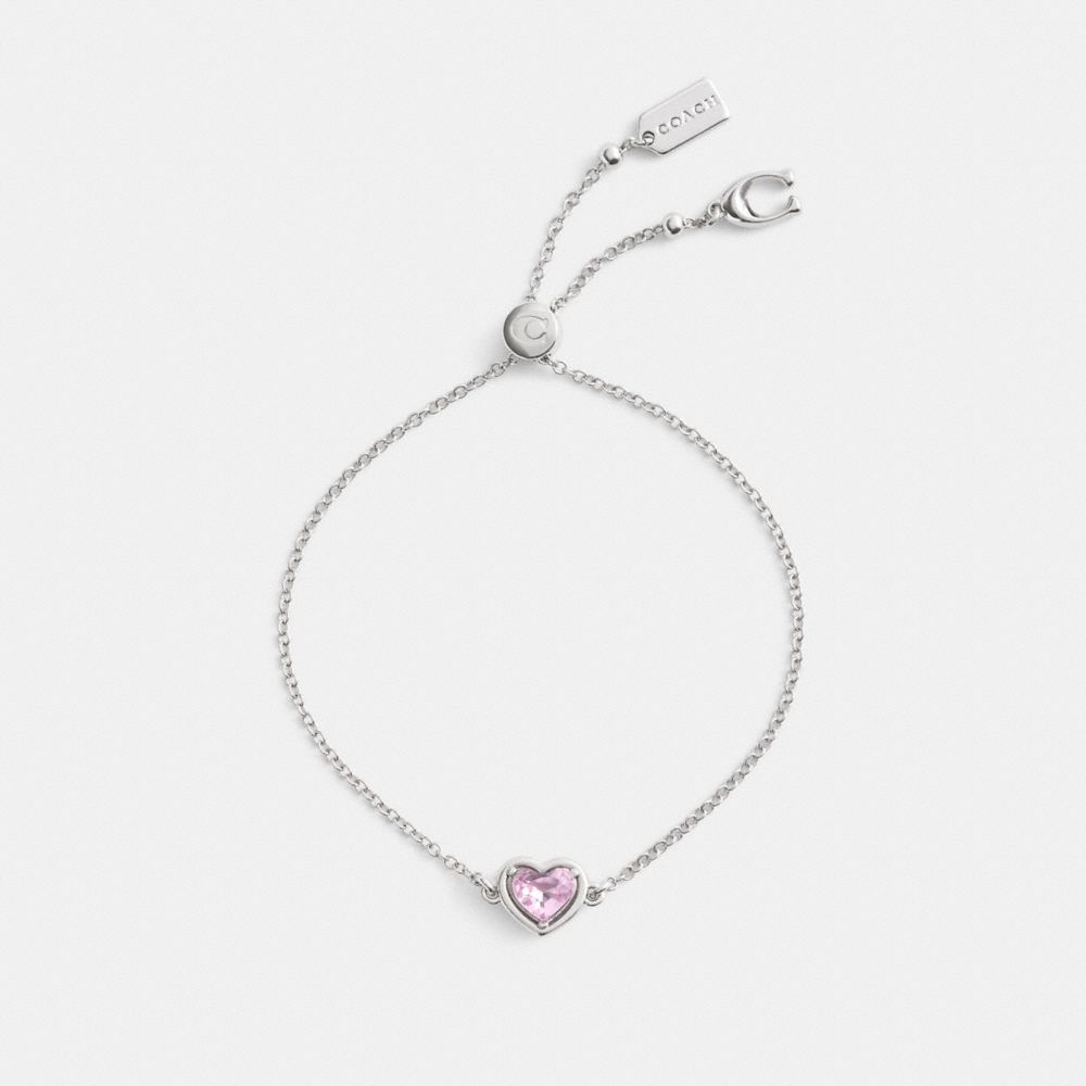 COACH®,Halo Heart Slider Bracelet,Cubic Zirconia,Glass,Crystal,Bar Embellishment,Logo,Gem Embellishment,Day Party,Pink,Inside View,Top View