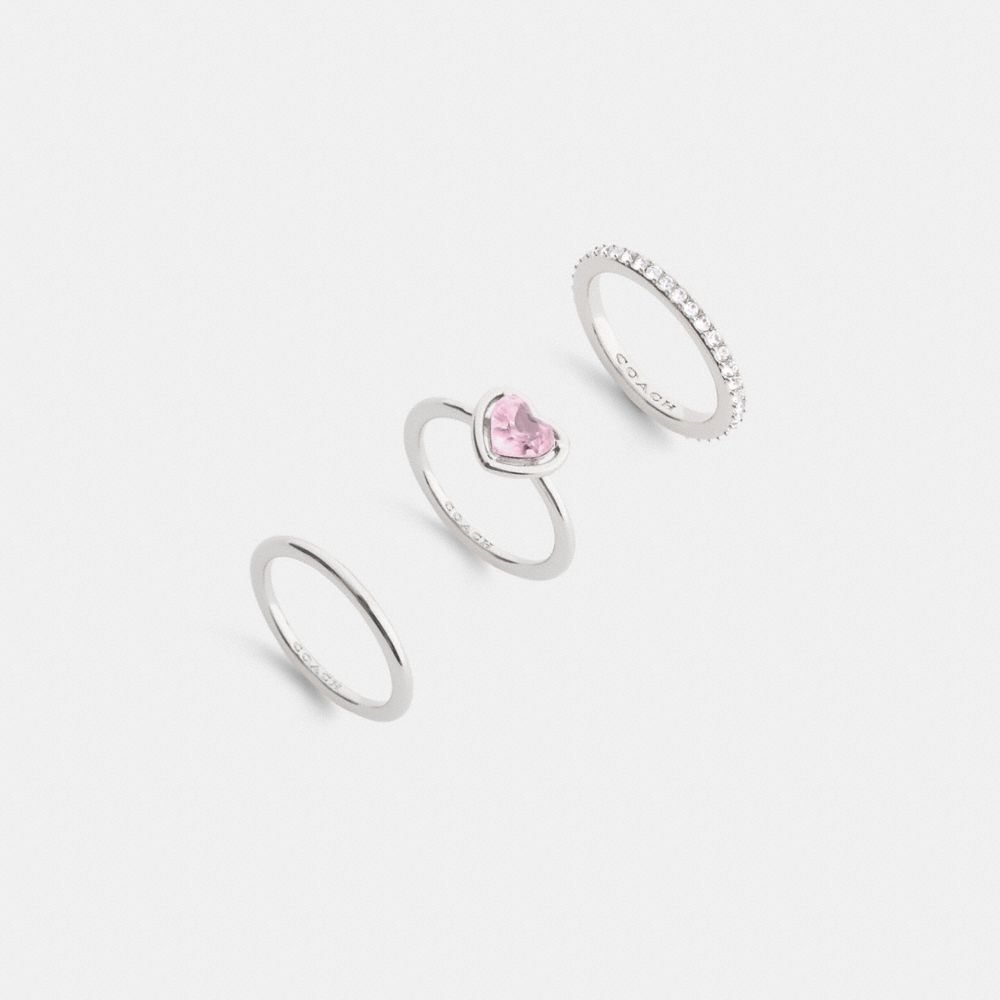 COACH®,Halo Heart Ring Set,Single Band,Cubic Zirconia,Crystal,Glass,Gem Embellishment,Stackable,Set,Day Party,Multi Color,Inside View,Top View