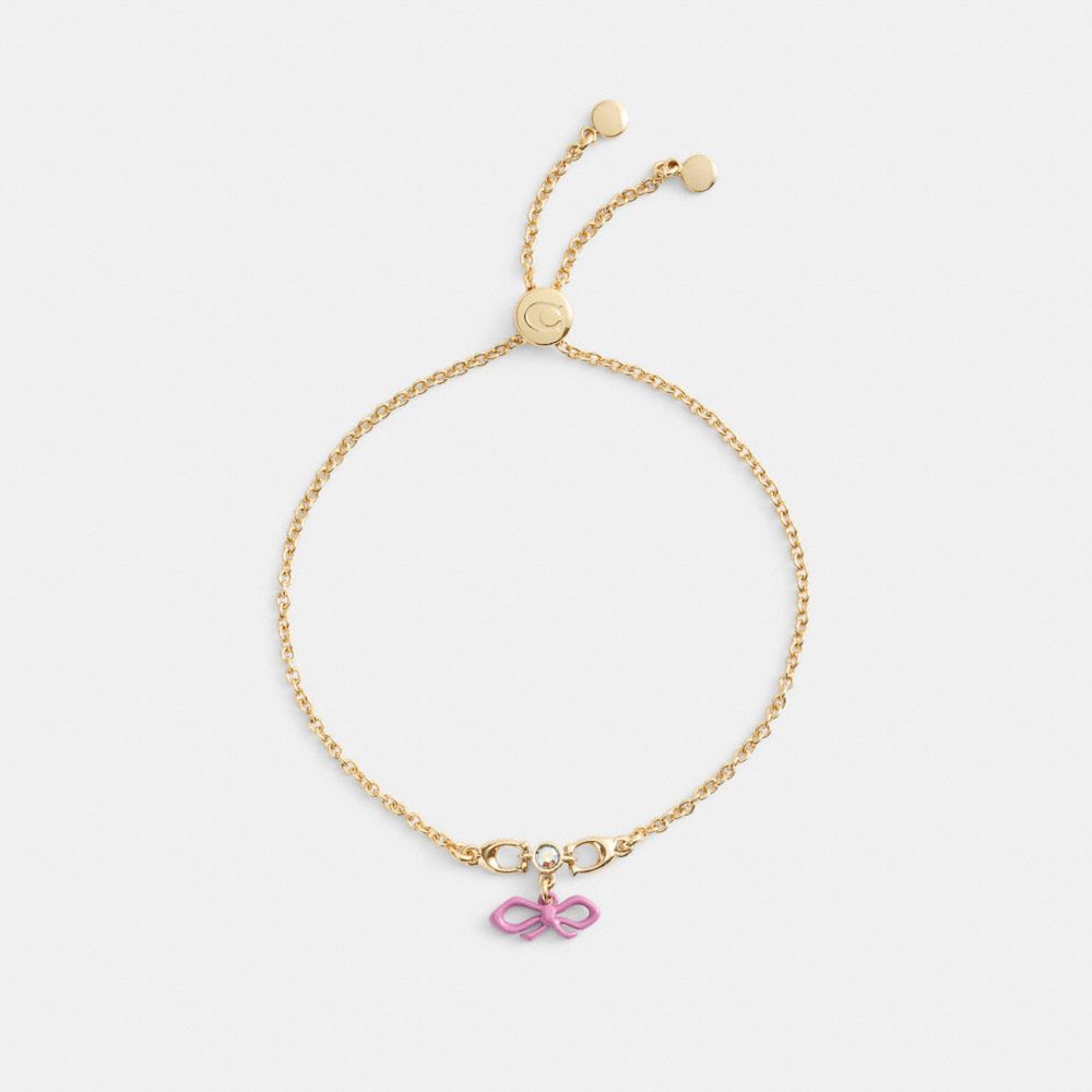 COACH®,Mini Bow Slider Bracelet,Cubic Zirconia,Glass,Gem Embellishment,Logo,Lettering Word,Initials Embellishment,Bow,Casu...,Pink,Inside View,Top View