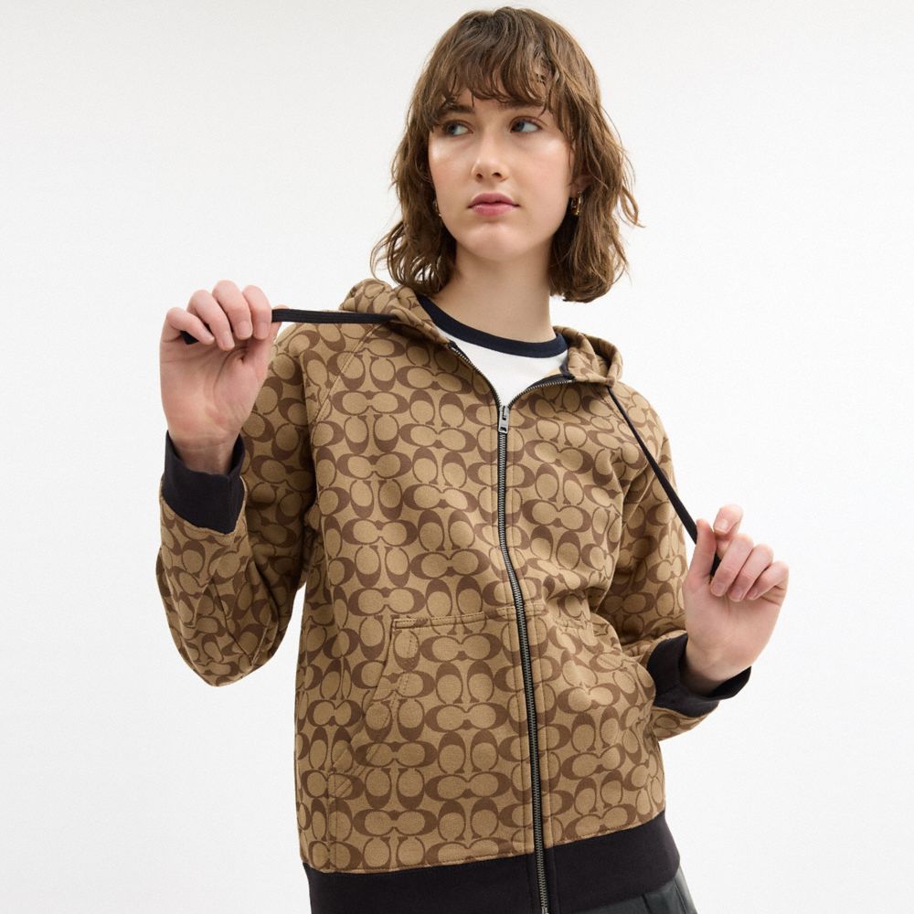 COACH®,All Over Signature Zip Hoodie,Cotton,Sweatshirt Jacket,Drawstring,Casual,Beige,Detail View